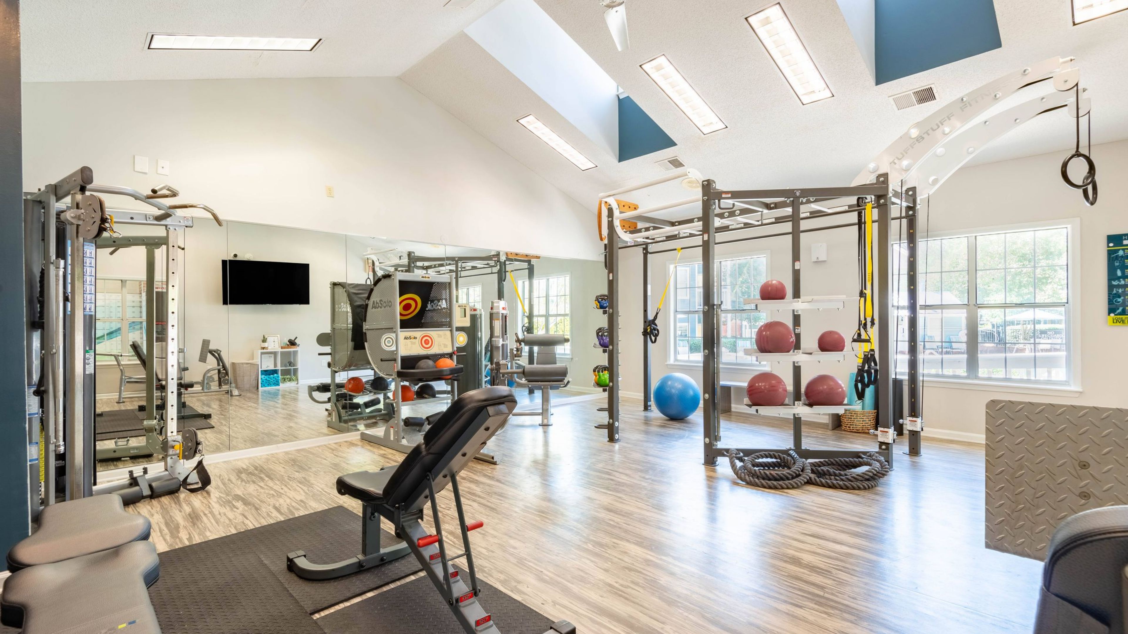 Hawthorne at the Park resident fitness center with modern training equipment.